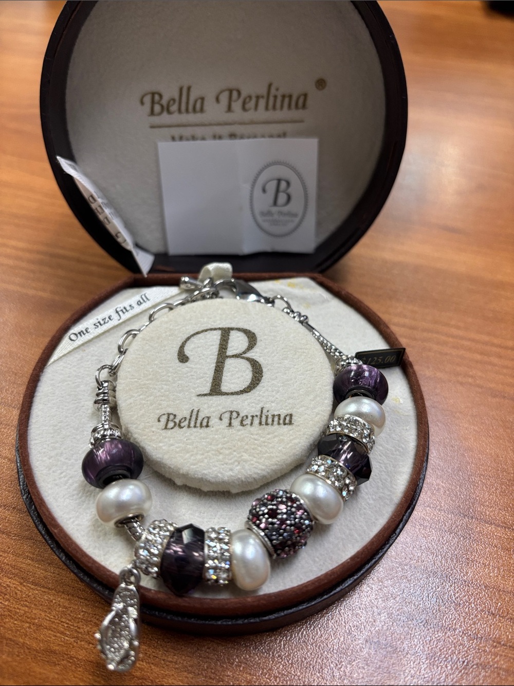 bella Perlina Purple and White Pearl Charm Bracelet with Crystal Accents